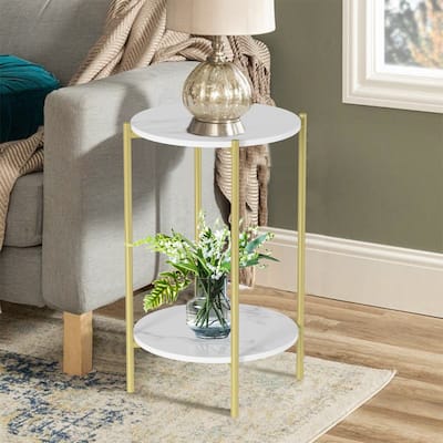 Round Faux Stone End Table with Storage with Gold Metal Legs