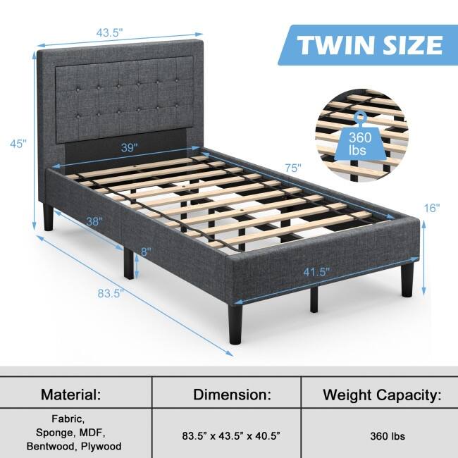 Upholstered Twin Size Bed Frame with Button Tufted Headboard