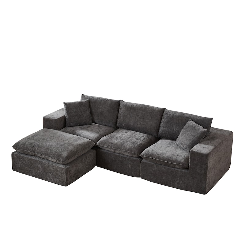L Shaped Sectional Sofa with Ottoman, Oversized Chenille Upholstered Cloud Sofa, High-Density Sponge 4 Seater Sofa