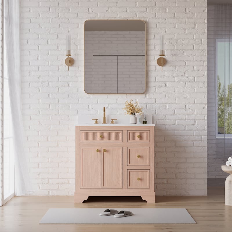 35''H Bath Solid Wood Vanity with Stain-resistant Carrera White Quartz Top And Single Sink