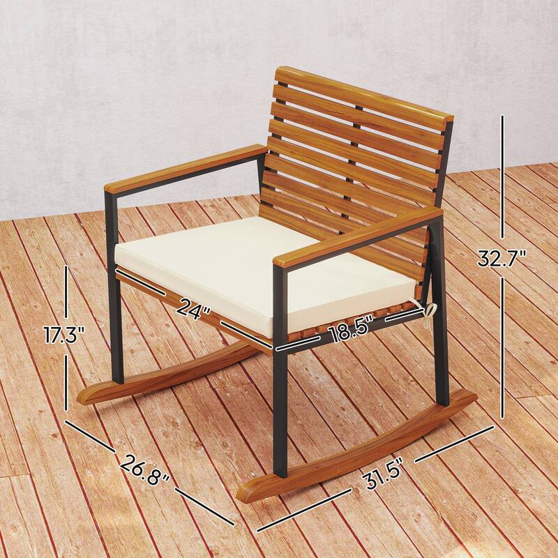 Outsunny Outdoor Rocking Chair Set of 2, Acacia Wood Outdoor Rockers with Armrests, Cushion
