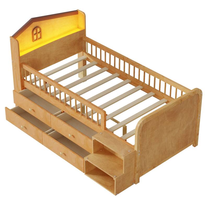 Twin Size Pine Wood Loft Bed with House-Shaped Headboard, LED Lighting and 4 Storage Drawers