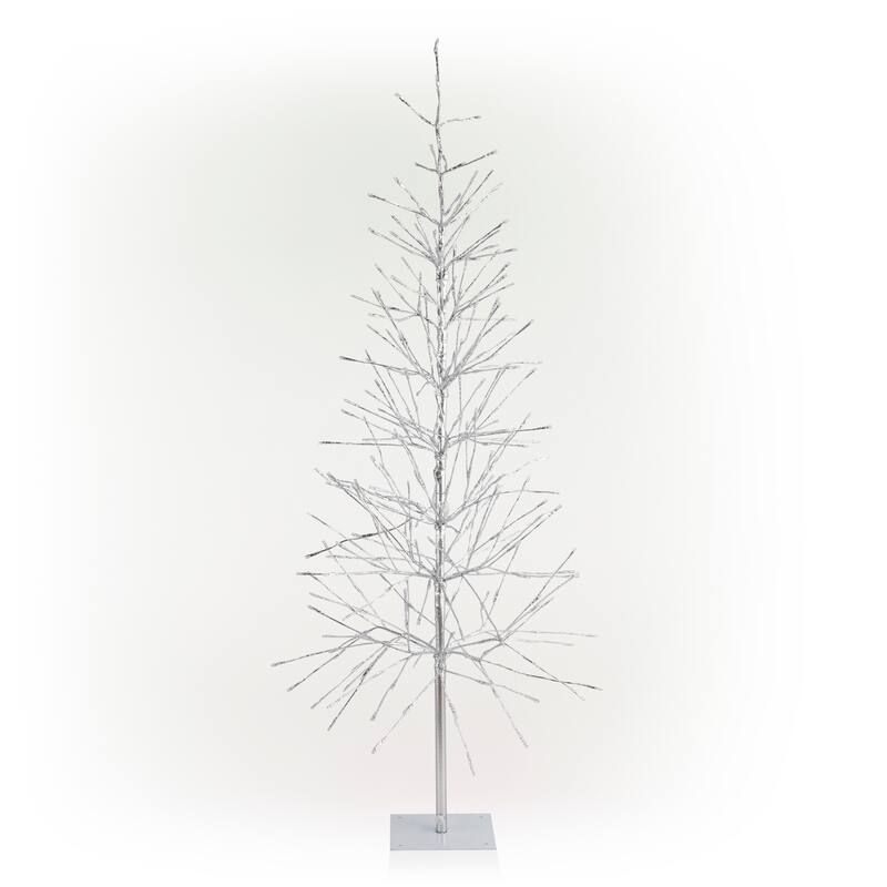 Alpine Corporation 65"H Indoor/Outdoor Pre-Lit Silver Foil Christmas Tree with Yard Stake and 360 LED Lights