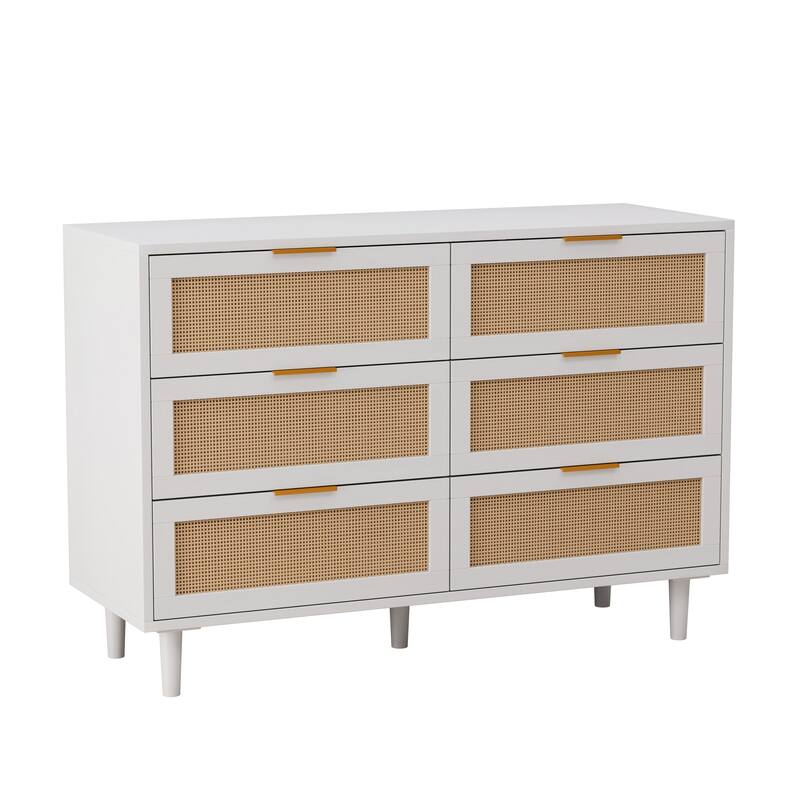 43.31" Rattan Chest of Dresser with Storage, 6 Drawer Dresser for Bedroom, White
