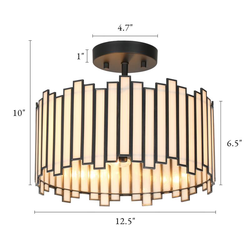 Tirie Mid-Century Modern Black 3-Light Colored Glass Drum Semi Flush Mount Ceiling Light - D 14.2" x H 15.3"