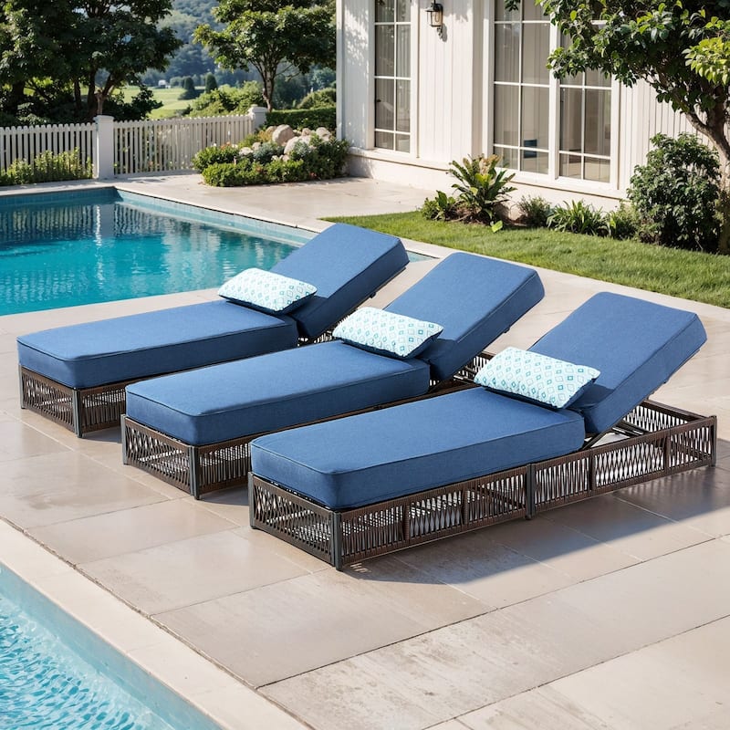 Pocassy 3 Pieces Patio Lounge Chair with Adjustable Backrest - Brown Wicker Blue Cushion