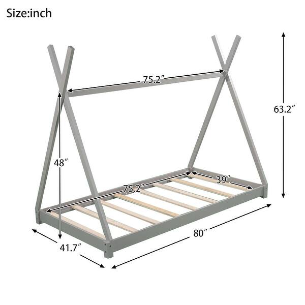Gray Twin Size Wood House Platform Bed with Triangle Tructure for Boys and Girls