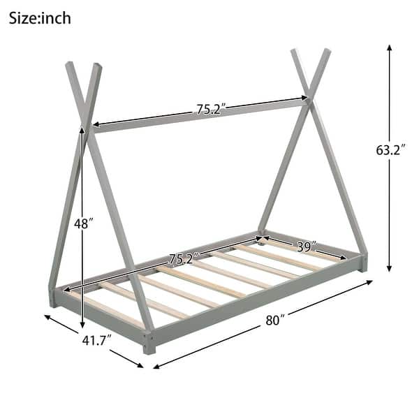Wooden Twin Size House Platform Bed with Triangle Structure, Solid Wood Kids Bed Frame for Girls or Boys, No Box Spring Needed