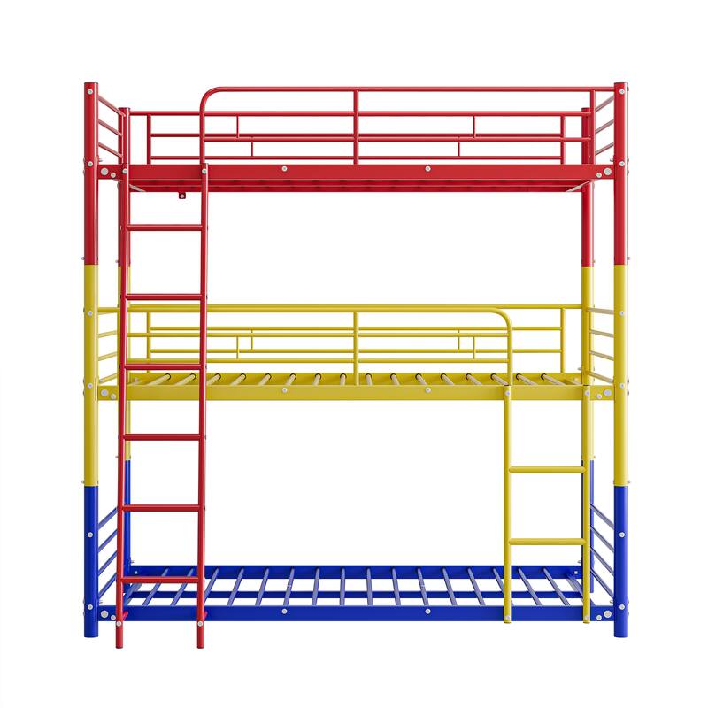 Heavy Duty Metal Triple Twin Bunk Bed with Guardrails, Ladder & Storage, Easy to Assemble