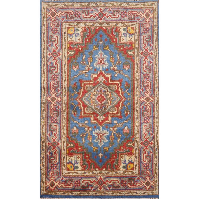 Blue Geometric Heriz Serapi Indian Foyer Rug Handmade Wool Carpet - 3'0"x 5'1"