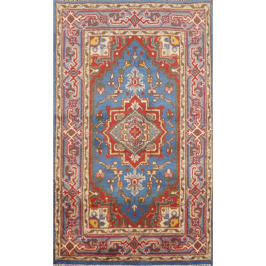 Blue Geometric Heriz Serapi Indian Foyer Rug Handmade Wool Carpet - 3'0"x 5'1"
