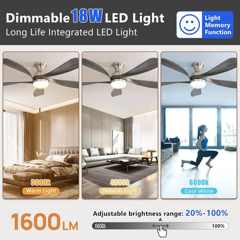 52 Inch Flush Mount Ceiling Fan with Dimmable 3 Colors LED Light, Reversible Noiseless DC Motor Smart Ceiling Fan