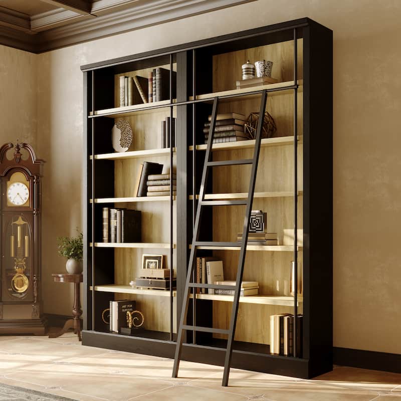 Large Ladder Bookshelf with Adjustable Rolling Ladder, Tall Library Bookcase Storage Display Unit