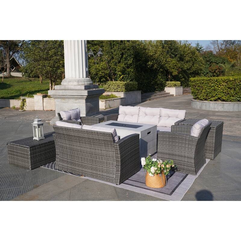 7-Piece Outdoor Wicker Conversation Sofa Set with Fire Pit