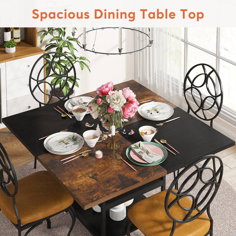 Dining Table with Storage Shelves for 4 People, Rustic Color Contrast Kitchen Table