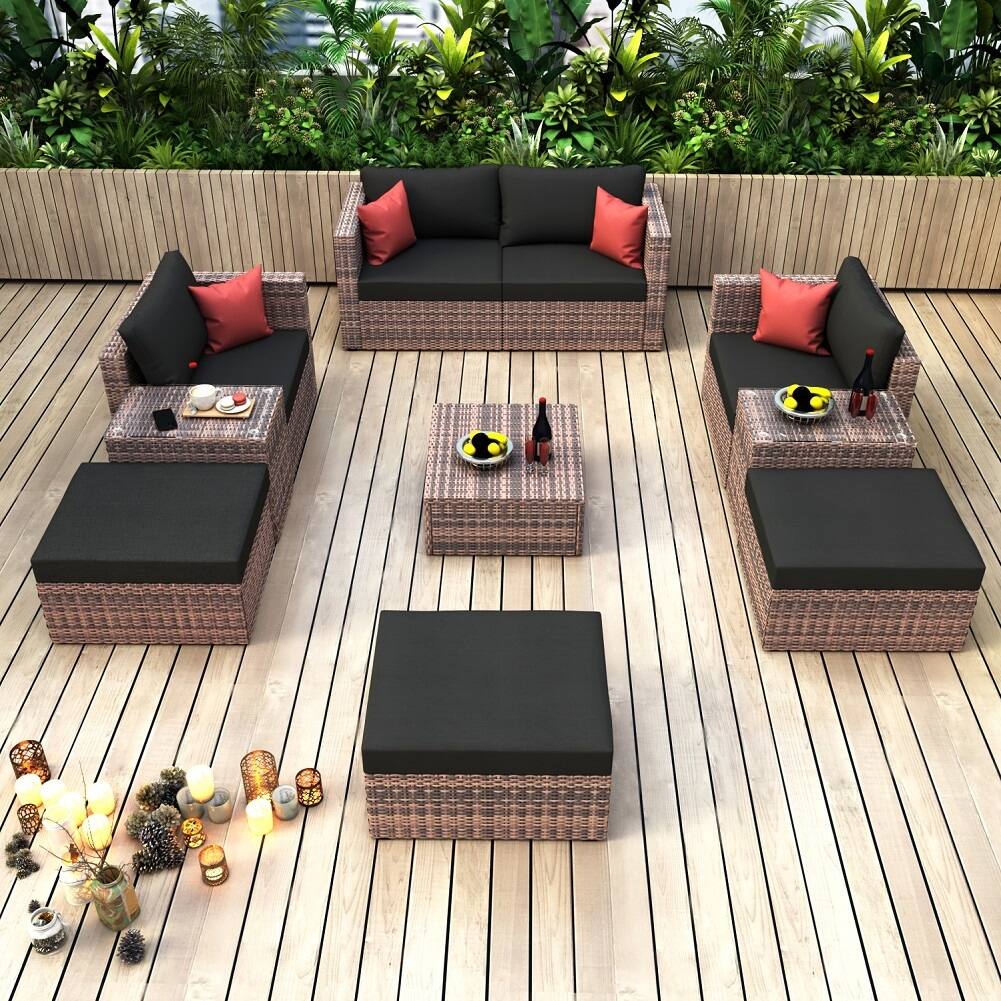 10 Pieces Outdoor Patio Garden Wicker Sectional Conversation Sofa Set