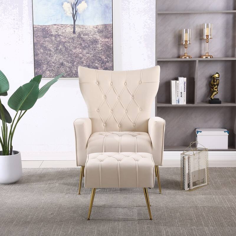 Modern Accent Chair with Ottoman for Living Room - Beige