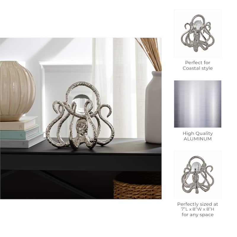 Metal Glass Figurine Octopus Design Metallic Coastal Style - 7" Silver - 7.75" x 7" x 7"