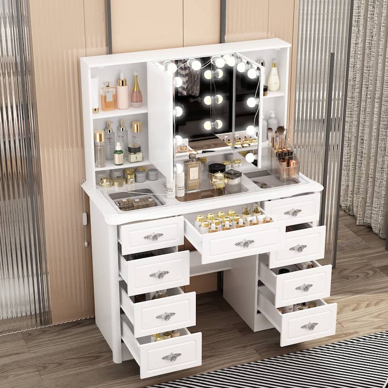 Modern White Makeup Vanity Fold Mirror Adjustable Lighting Dressing - 40.2"x54.1"