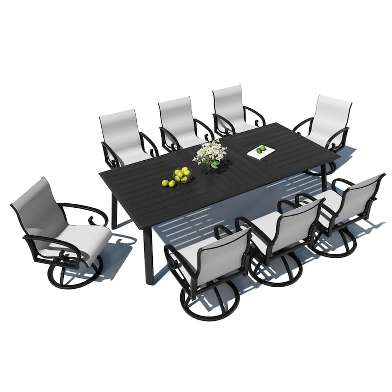 7/9-Piece Aluminum Patio Dining Set Sunbrella Swivel Chair and Dining Table with Umbrella Hole