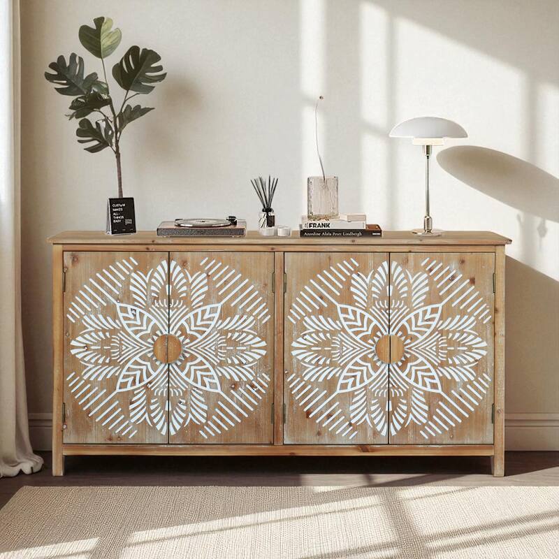60" Wooden Accent Cabinet with 4 Carved Doors, Antique White and Brown Buffet Sideboard, Pantry Storage Console Cabinet - Brown