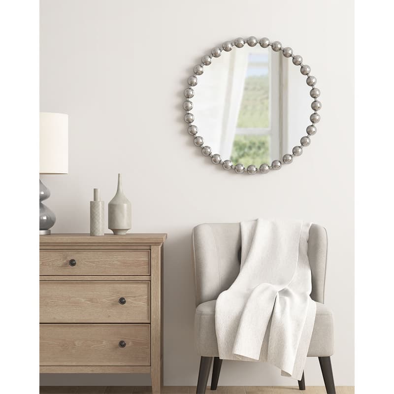 Roomfitters 27-Inch Beaded Round Wall Mirror, Metallic Iron Frame Decorative Glam Accent Mirror for Living Room - Silver