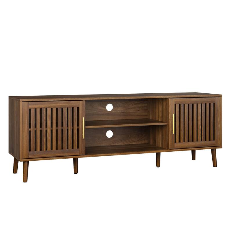 63 inch TV Stand with 2 Grille Door Cabinets and Adjustable Storage Rack, Farmhouse Entertainment Center with Storage Space