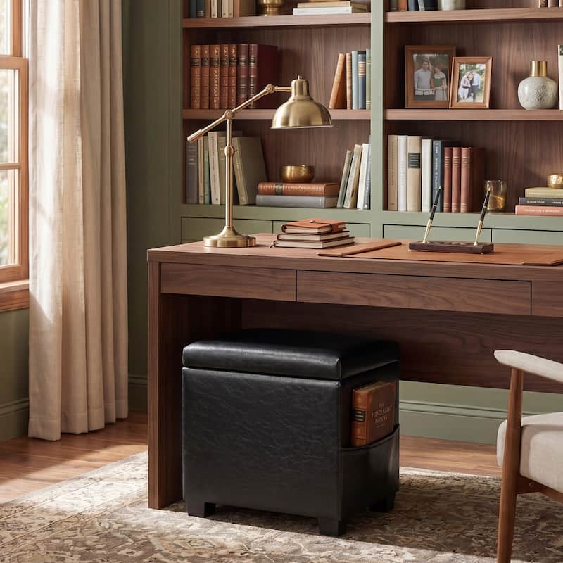 Adeco 16" W Upholstered Rectangle Storage Ottoman with Tray and Pocket
