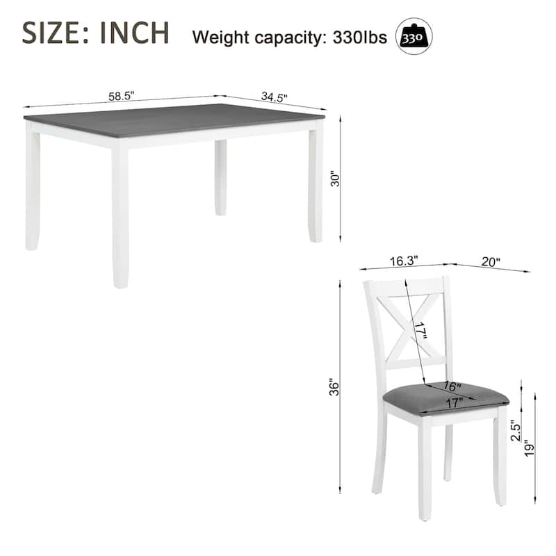 7-Piece Dining Set, 58.5" Wood Dining Table with 6 Padded Chairs