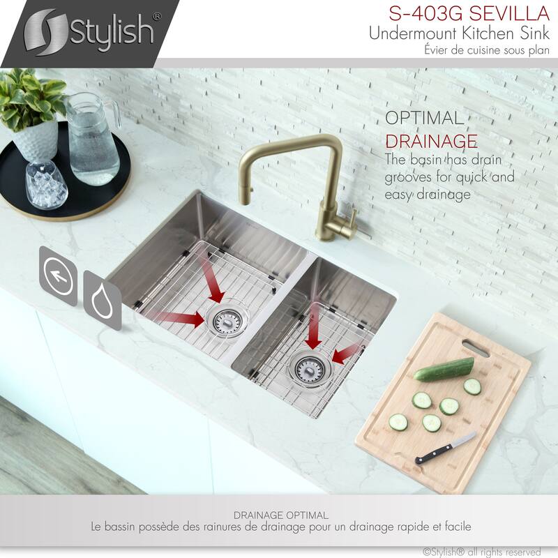 stylish 28 inches L x 18 inches W Double Bowl 60/40 Reversible Undermount Stainless Steel Kitchen Sink with Strainers