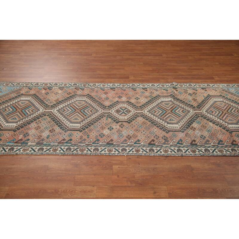 Hand Knotted Oriental 100% Wool Carpet Traditional Geometric Oranges & Rust Bakhtiari Runner Rug - 9' 10'' X 3' 6''