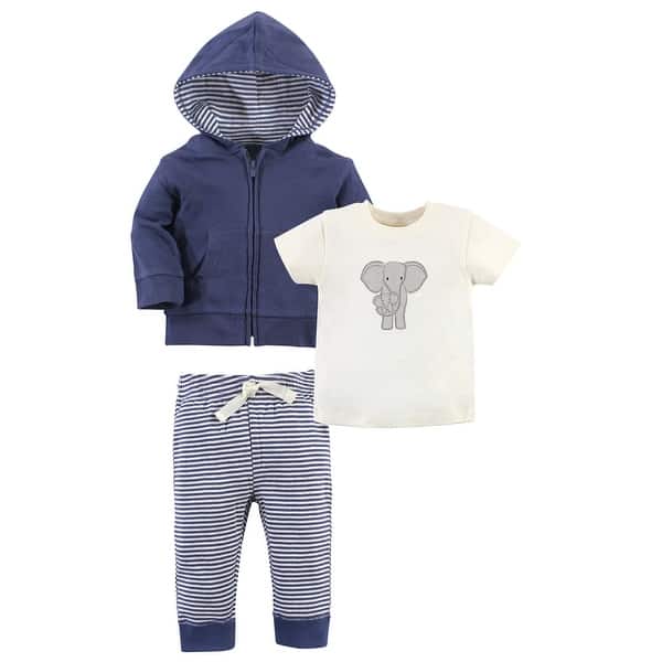slide 1 of 1, Touched by Nature Toddler Unisex Organic Cotton Hoodie, Tee Top, and Pant, Stripe Elephant Toddler 4T - Stripe Elephant Toddler