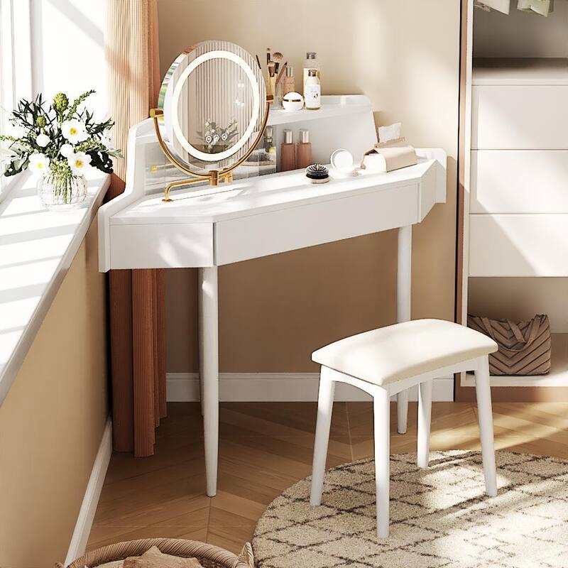 Bedroom Corner Makeup Vanity Desk with Makeup Stool & 360° Rotating LED Mirror, White