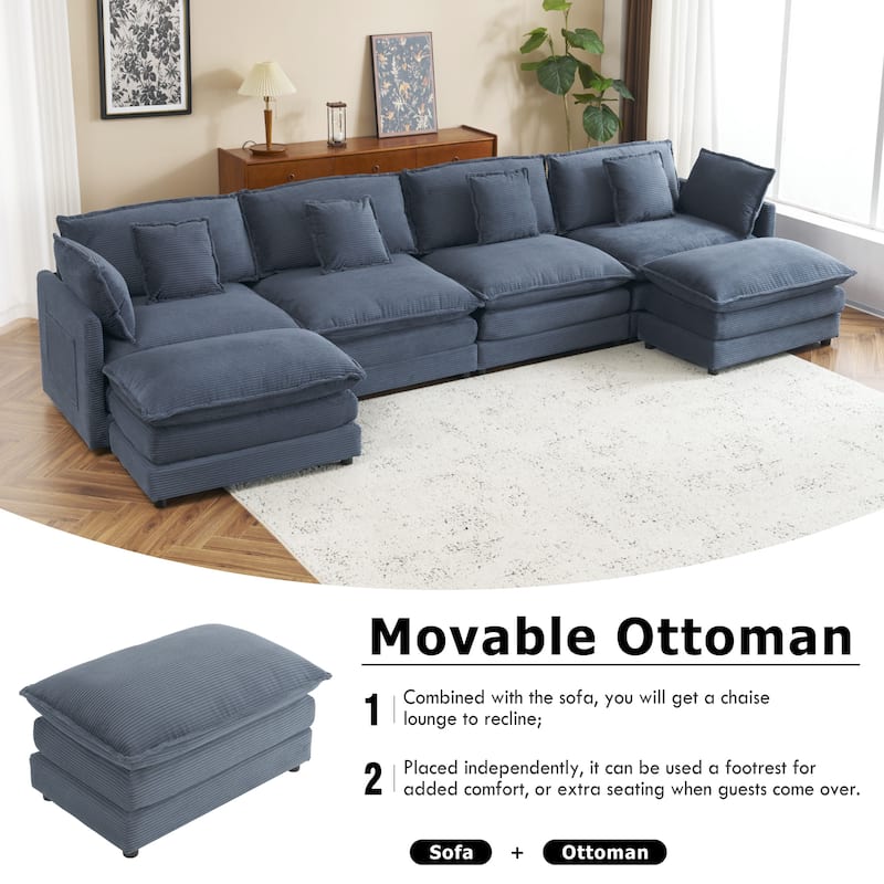 Convertible Sectional Sofa Cloud Couch U-Shaped Modular Sofa Sleeper - Blue