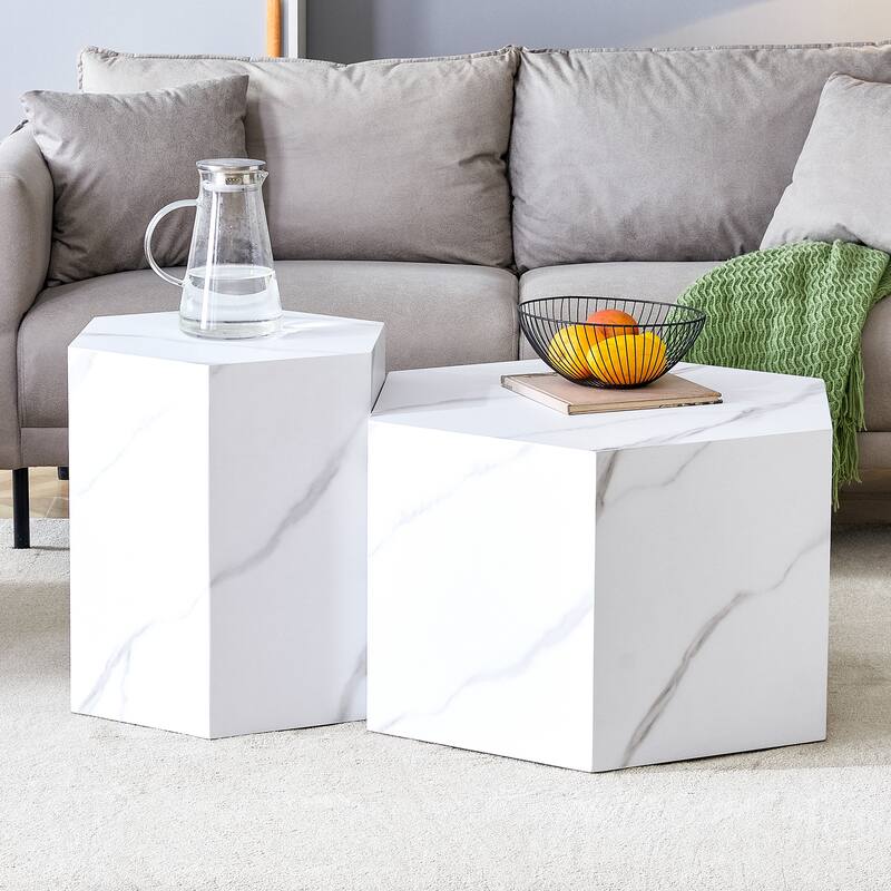 Roomfitters Set of 2 Hexagonal MDF Coffee Tables with Wood Grain Texture, Stylish Accent Tables for Any Interior