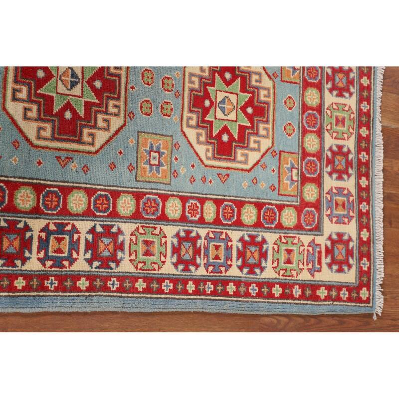 Light Blue Geometric Kazak Accent Rug Handmade Wool Carpet - 2'8" x 3'10"