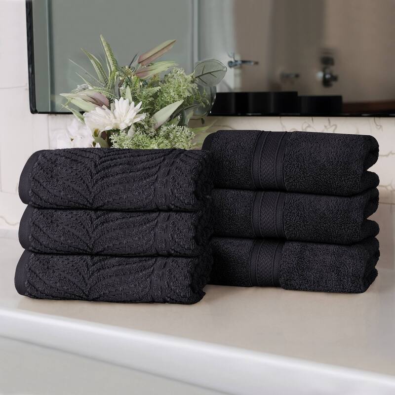 Superior Chevron Zero Twist Solid and Jacquard Cotton Hand Towel Set of 6 - Black