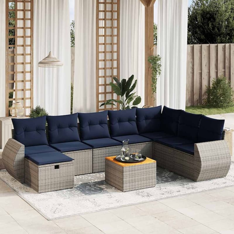 vidaXL Patio Sofa Set with Cushions Outdoor Furniture 9 Piece Poly Rattan - 24.4" x 24.4" x 27.2" - Gray