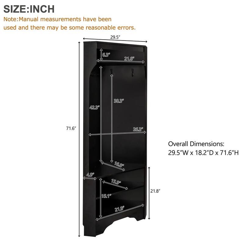 Corner Hall Tree with Shoe Bench - Multifunctional Entryway Coat Rack Featuring 4 Hooks and Adjustable Shelf,29.5''W x 71.6''H"
