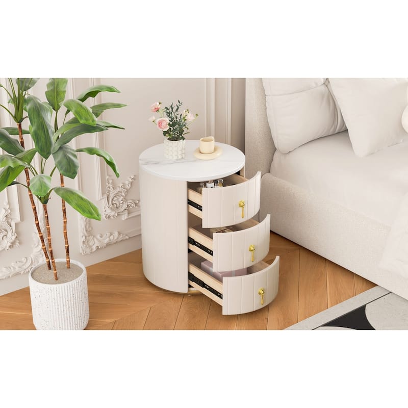 Round Nightstand with 3 Drawers, Velvet Upholstered Storage Cabinet, Sofa Side Table with Marble Table Top & Metal Legs
