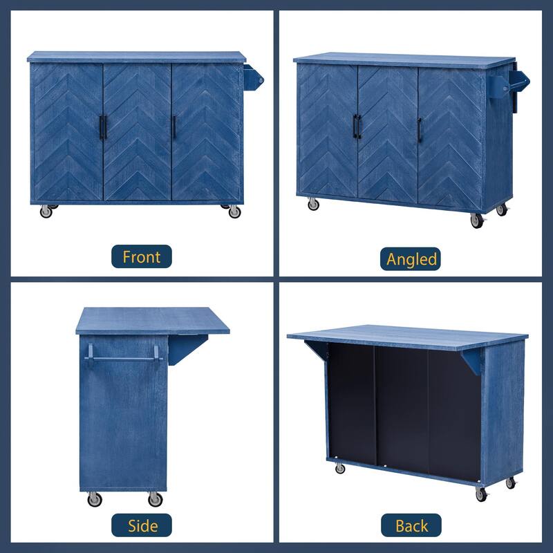 Rolling Kitchen Island with Drop Leaf, Ash Veneer Handwoven Doors, Internal Storage Rack, and Wheels - 51.2" Coastal Design