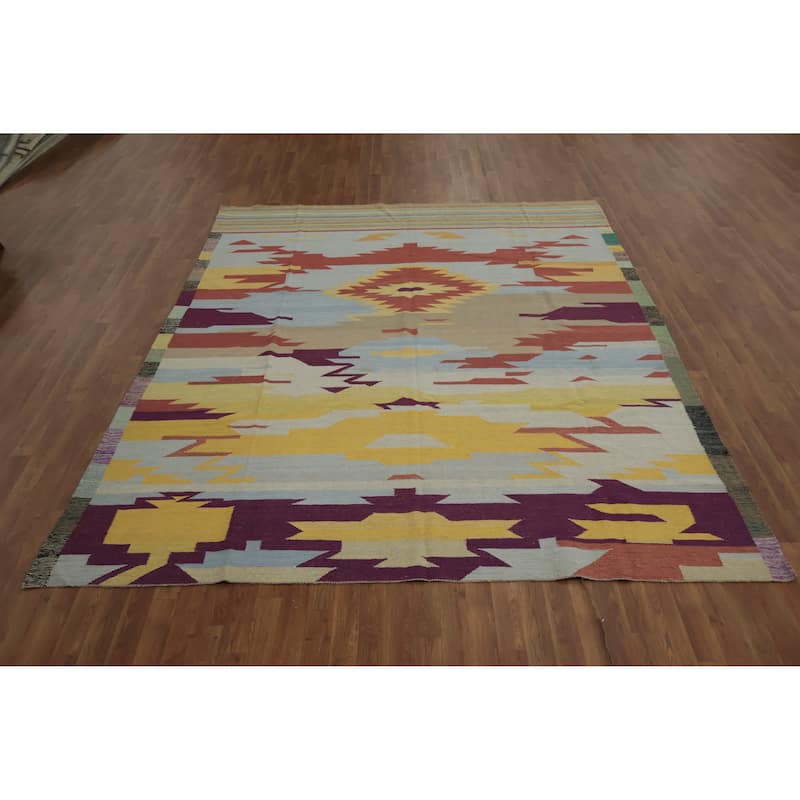 Hand Woven Oriental 100% Wool Carpet Southwestern Modern Multi-Colored Kilim Area Rug - 10' 1'' X 8' 2''