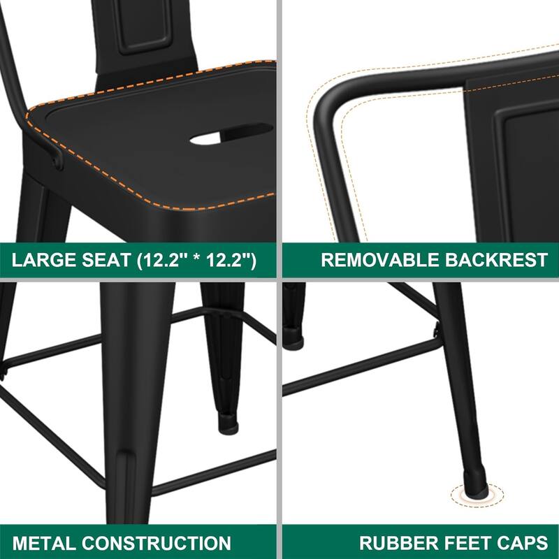 Metal Counter & Bar Stools Set of 4, 26" and 30" Seat Height Barstools with Metal Frame and Low Back for Kitchen lsland