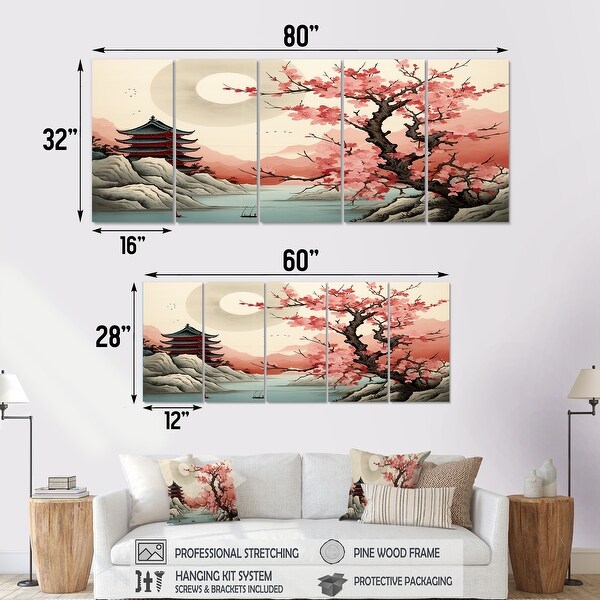 Japanese Pagoda Cherry Blossom Vintage River - Japon Landscape