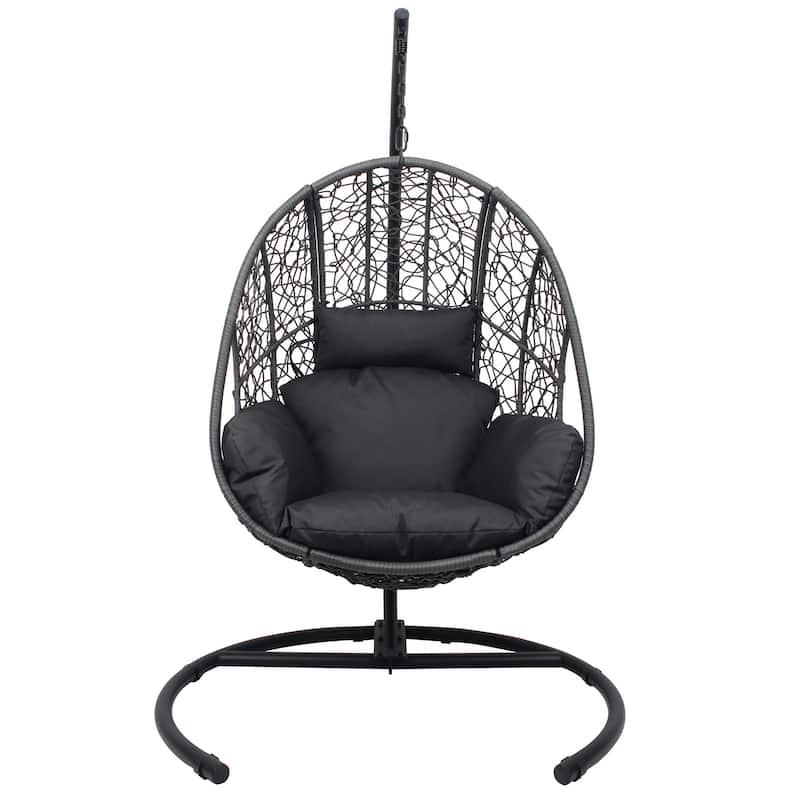 PE Wicker Swing Egg Chair - Indoor/Outdoor Hanging Chair with Puffy Cushion and Stable Base Frame (Handcrafted Weaving Design)