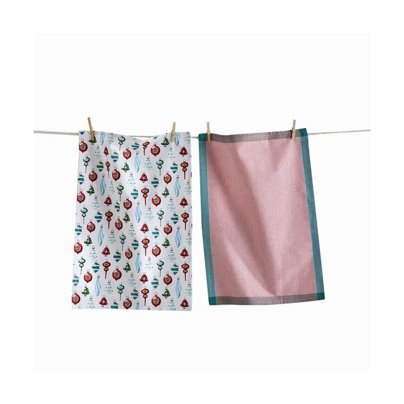 Vintage Christmas Ornament Dishtowel Set - Multicolor Cotton Kitchen Towels, Machine Washable, Perfect Holiday Decor