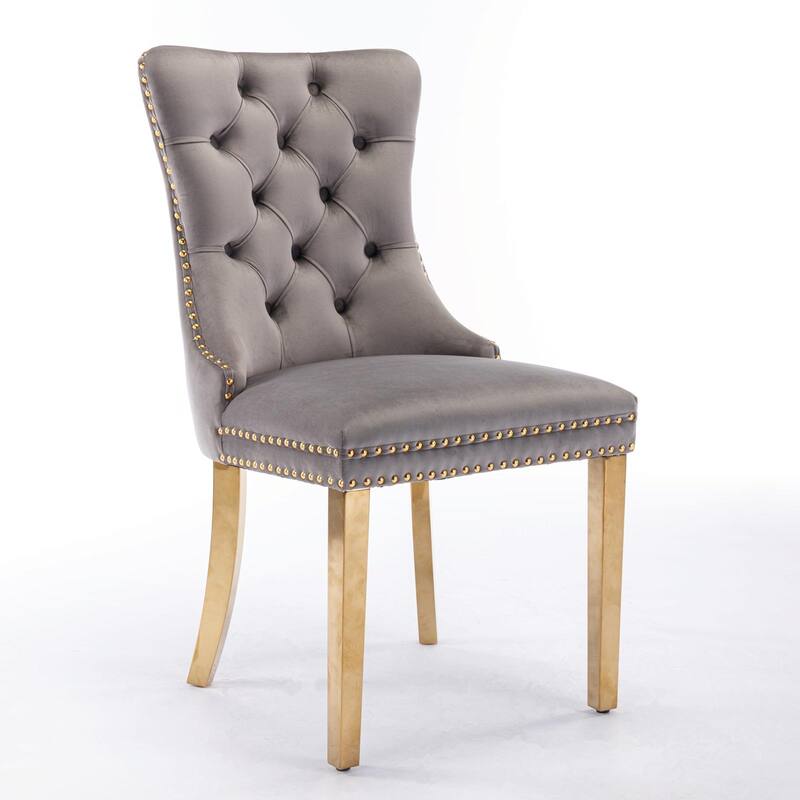 Tufted Velvet Dining Chairs - Solid Wood - Golden Stainless Steel Legs - Nailhead Trim - Set of 2