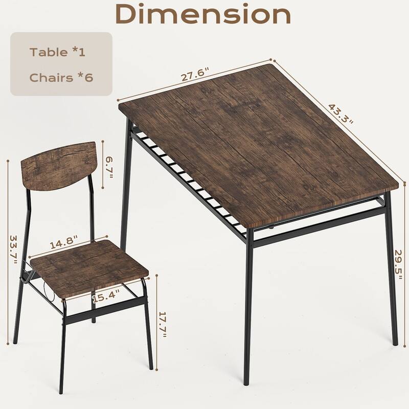 7-Piece Dining Table Set for 6, 43.3'' Kitchen Table and Wood Chairs with Storage and Backrest