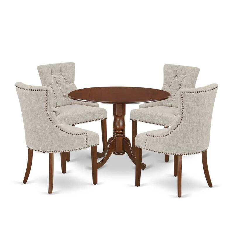 HomeStock 5-Piece Round Mahogany Finish Solid Wood Top Dining Table with 4-Parson Chair with Drop Leaf Lattice Back