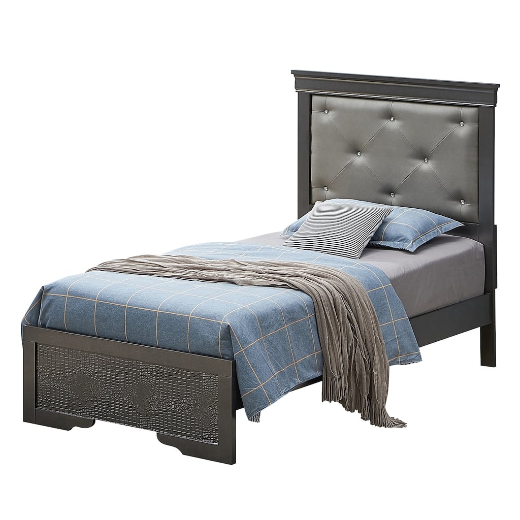 Jewel Tufted Metallic Twin Panel Bed - 80" - Silver Champagne